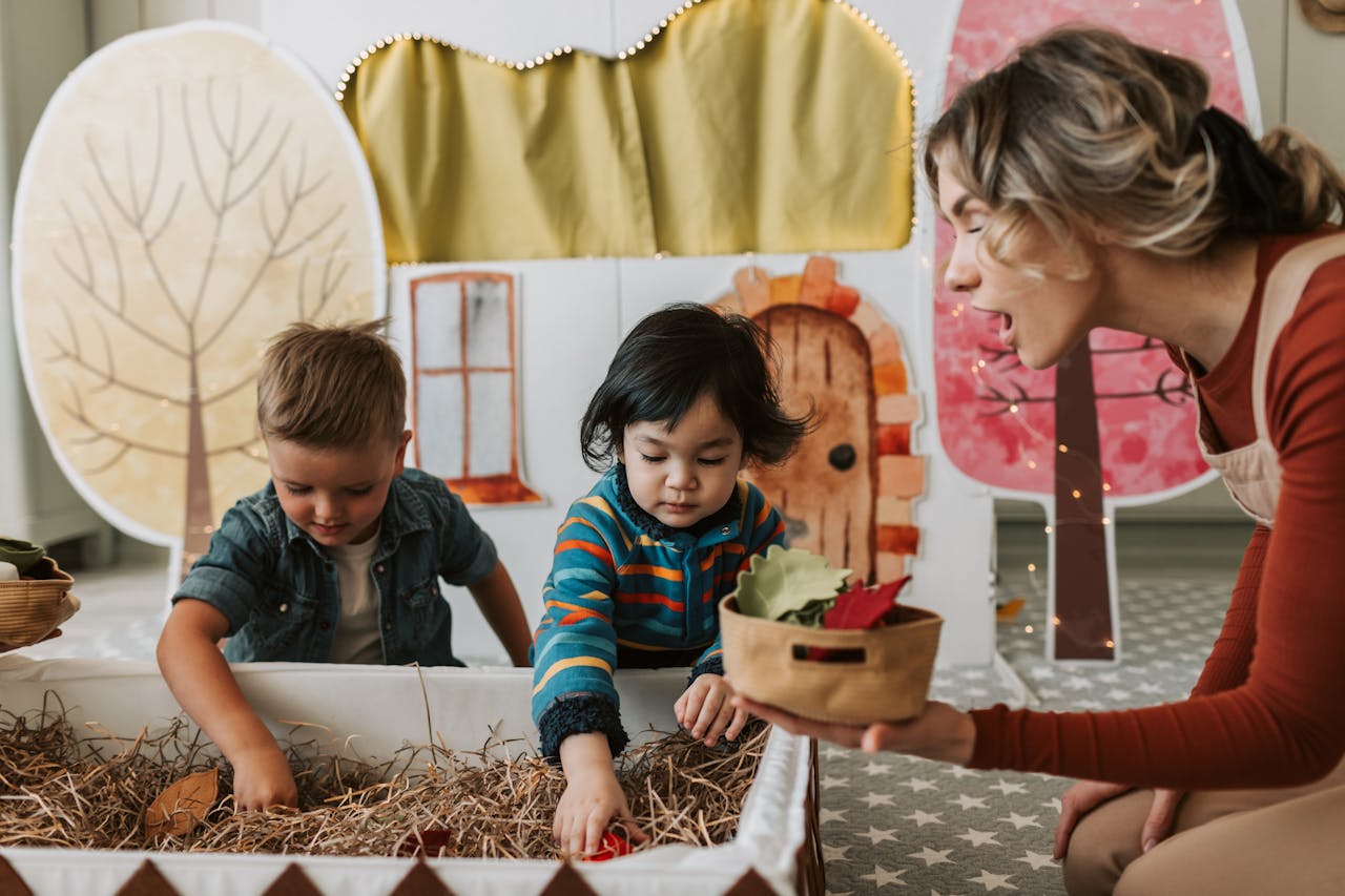 Kids and adult enjoying creative play indoors with crafts and imagination.